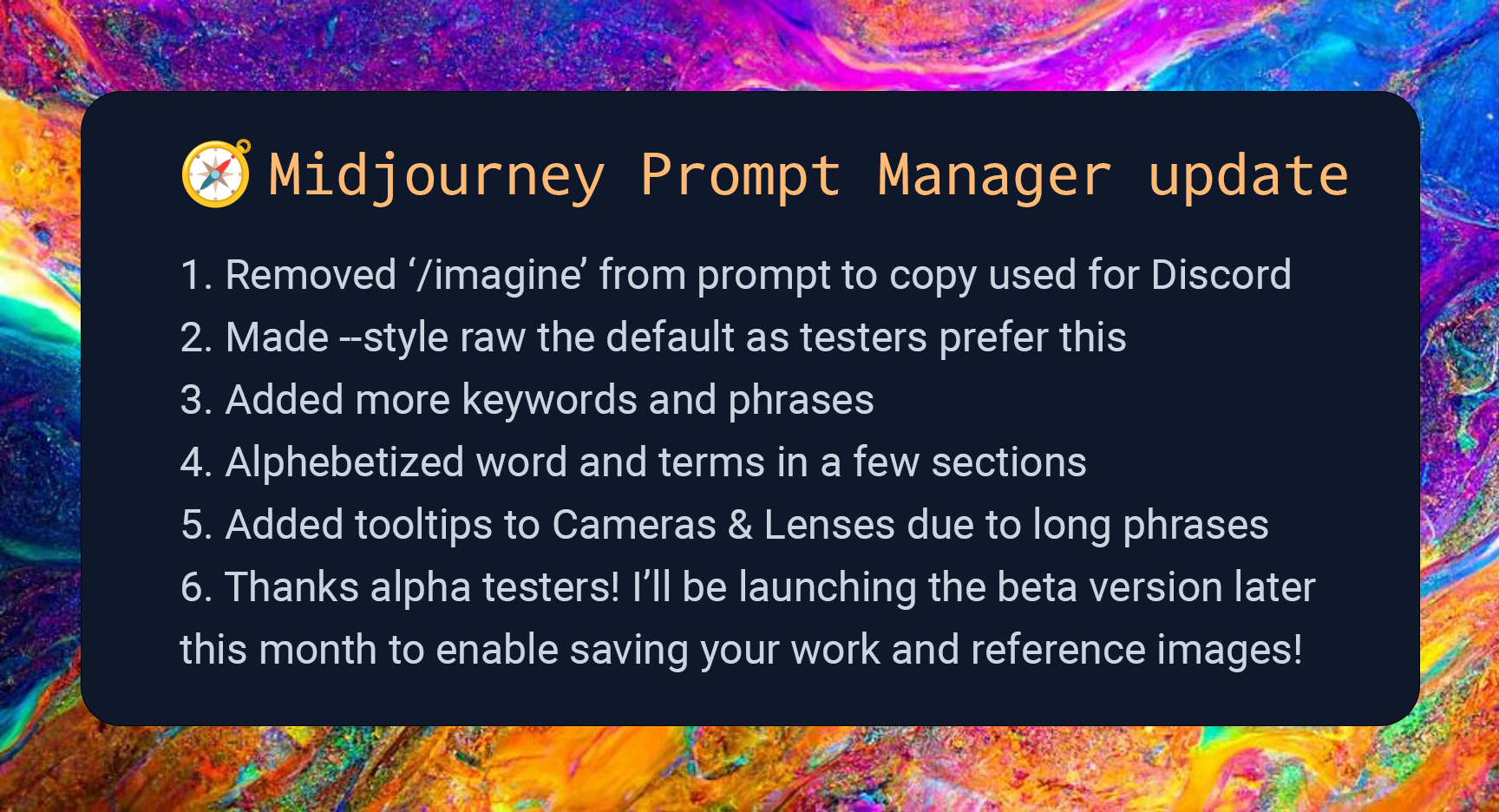 Image showing updates to Midjourney Prompt Manager