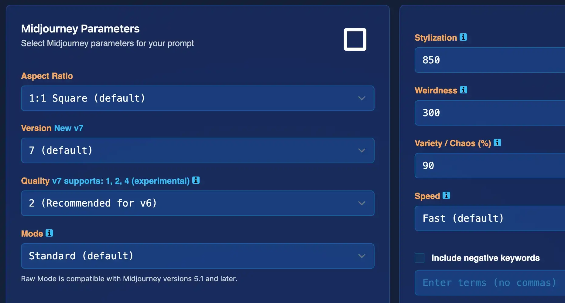 Screenshot of the Midjourney Parameters area with Glass Morphism Design